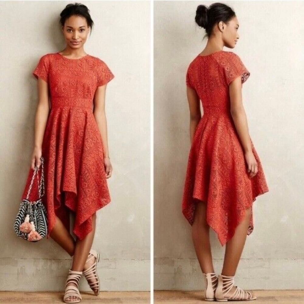 Anthropologie Maeve Prima‎ Lace Flowy Dress Women's 2 Burnt Orange